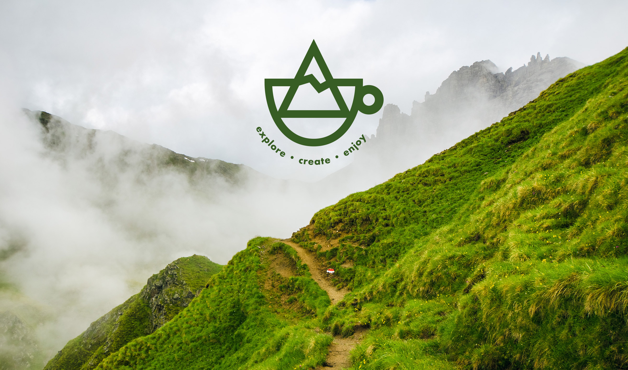 Photo of misty mountain trail with logo