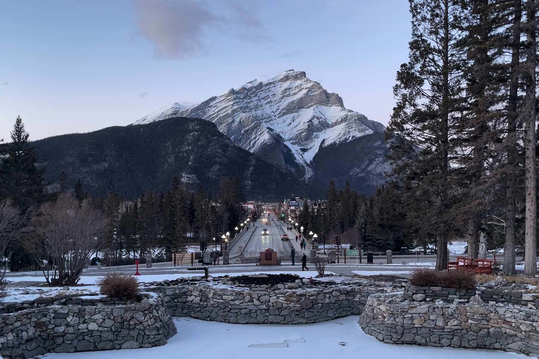 View of downtown Banff in evening