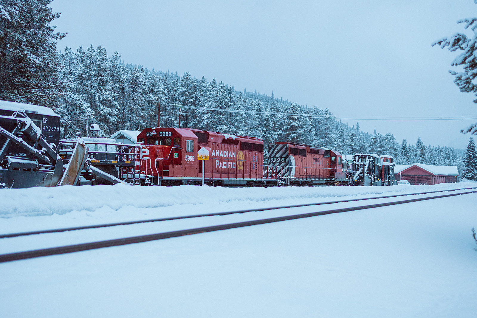 A train in the snow in Lake Louise