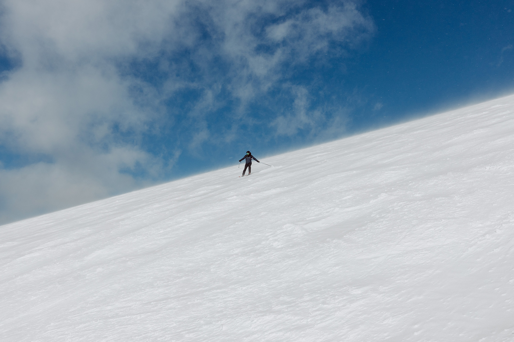 Skier careering down open slope on Banff Sunshine