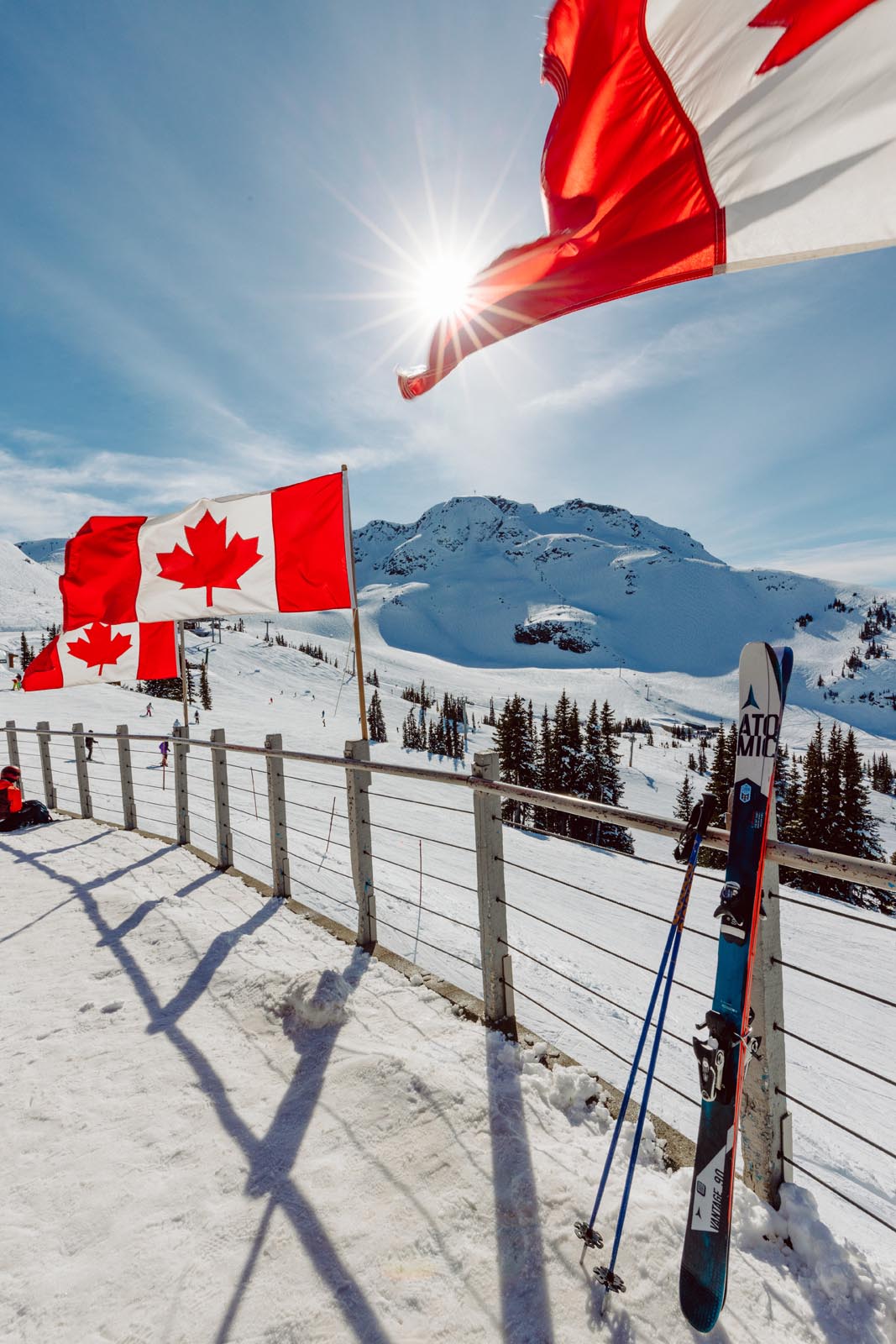 Canadian flags at the top of Whistler gondola