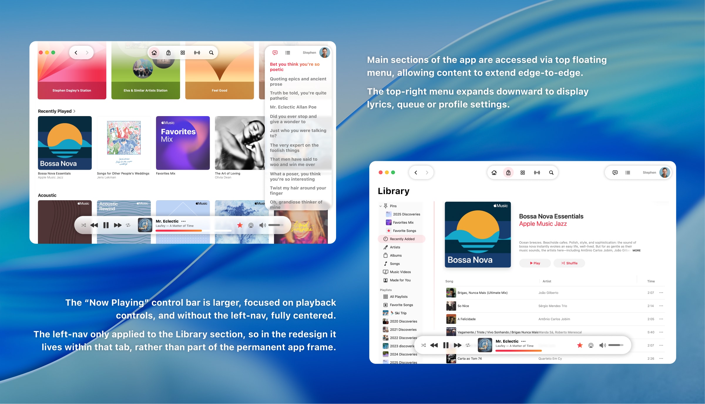 Screenshot of revised Music app design