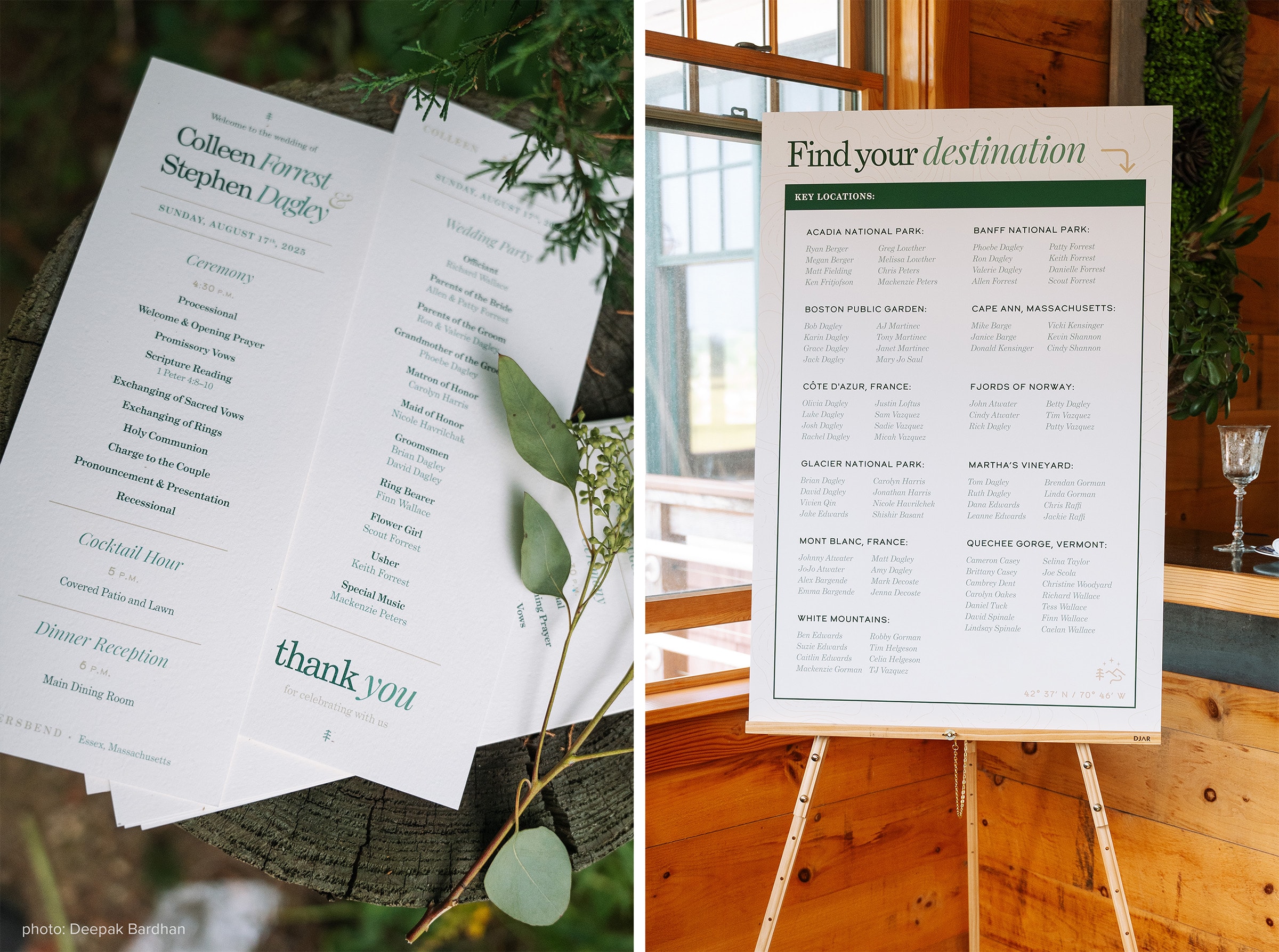 Photo of programs on wooden stump and photo of seating chart